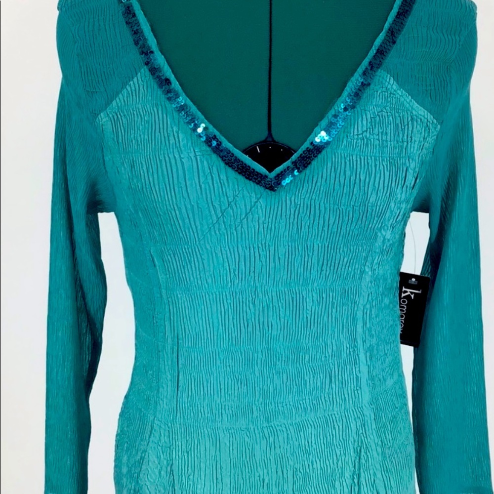 Komarov 3/4 Sleeve Long Teal V-neck Dress, Medium